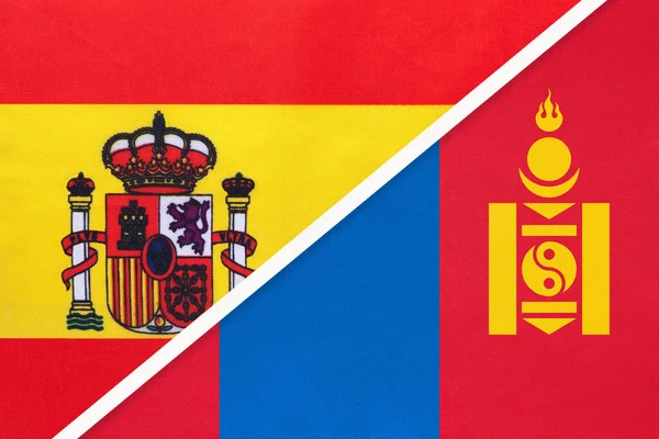 スペインとモンゴル 繊維から2つの国旗のシンボル 欧州とアジア諸国との関係 パートナーシップ 選手権 — ストック写真