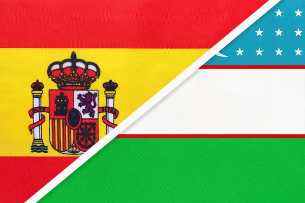 España Uzbekistán Símbolo Dos Banderas Nacionales Textil Relación Asociación Campeonato — Foto de Stock