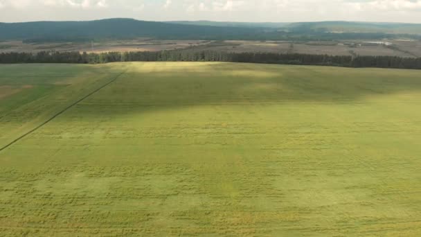 Široké zelené pole se stíny mraků proti kopcovité krajině — Stock video