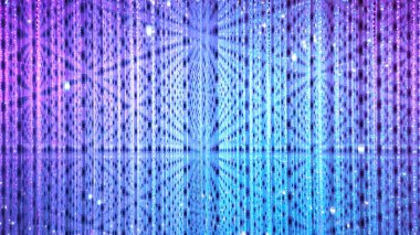 Led yanıp sönen, yanıp sönen ve yanıp sönen ampullerin mavi ve mor arka planı. Disko ve tatil aydınlatmalı neon ışıklı arka plan. Parti için ışıldayan çelenkten duvar süsü. Işık tüneli