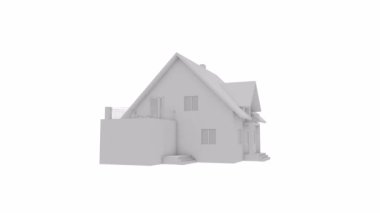 3D beyaz ev, sonsuz rotasyon. Banliyö evinde 3D çizim. Mimari tema.