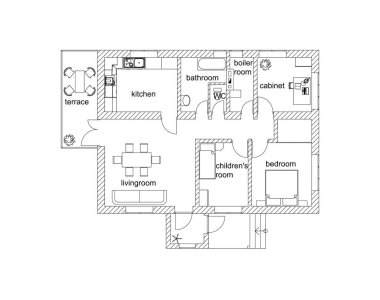 Evin iç tarafındaki banliyö evi. Modern bir dairenin siyah ve beyaz kat planı. Vektör taslağı. Mimari modern arkaplan.