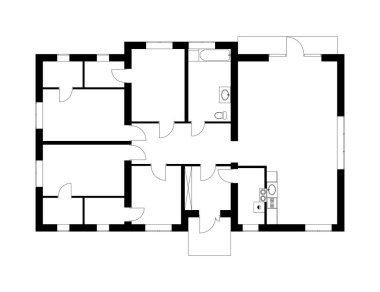 Tasarımınız için modern mobilyasız bir dairenin siyah ve beyaz kat planı. Vektör planlı banliyö evi. Mimari proje.