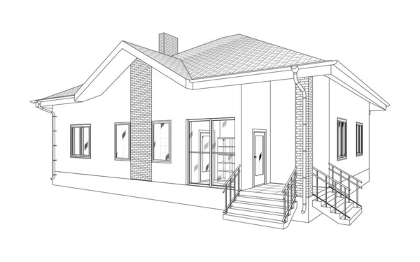 构建3D透视 城市郊区房子的图纸 白色背景的小木屋 家庭3D模型透视向量 市政厅蓝图 — 图库矢量图片