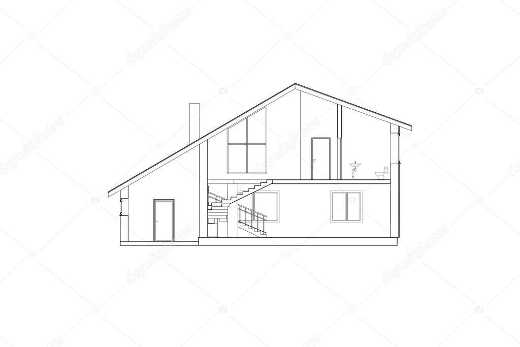 Cross-section suburban house. Vector blueprint. Architectural modern design.