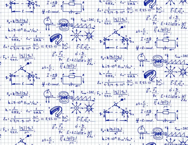 电磁场理论和物理数学公式方程 练习册页上的物理方程 教育和科学背景 矢量手绘古董无缝图案 — 图库矢量图片