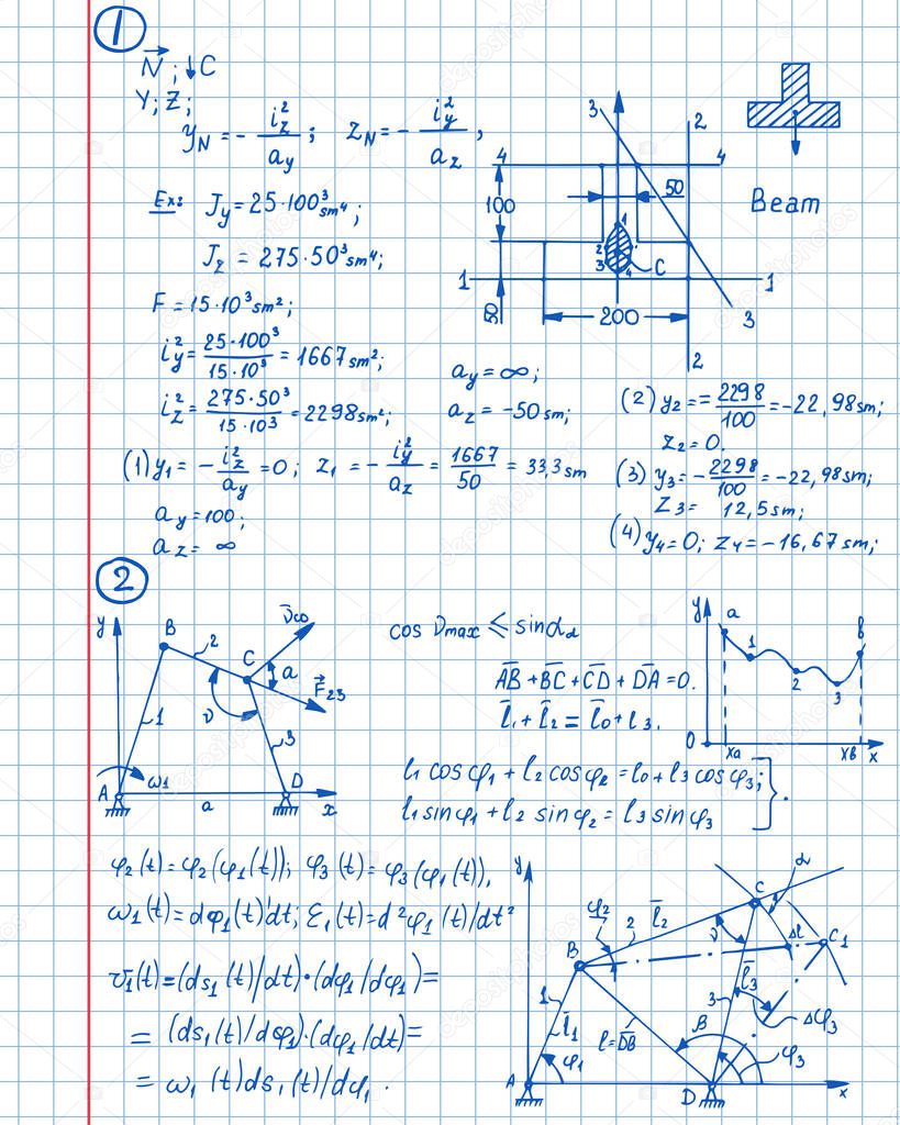 Retro vector background with physics formulas, equations outlines on notebook page. College notation. Educational and scientific vintage background.