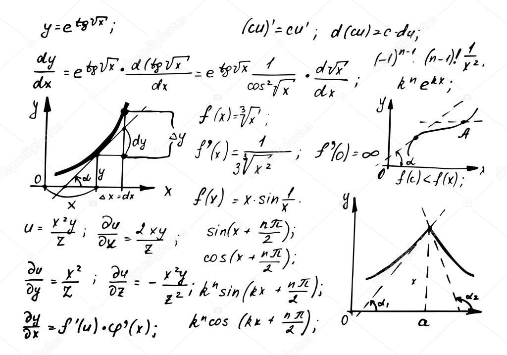 Mathematical  law theory and formula equation on whiteboard. Vintage education background.  Vector hand-drawn illustration.