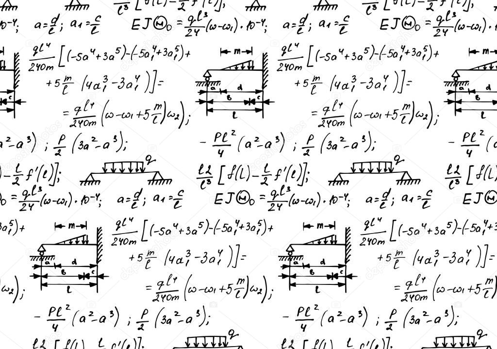 Physical equations and formulas on whiteboard. Vector hand-drawn seamless pattern. Education and scientific background.