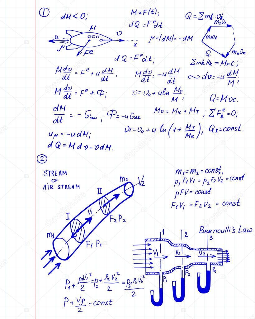 The calculation of the trajectory of a missile. Physics mathematical formula equation, doodle handwriting icon in workbook background with hand drawn model, create by vector. Retro notebook page.