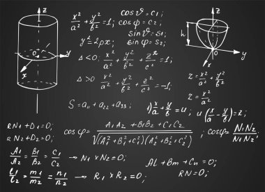Klasik bilim ve eğitim geçmişi. Trigonometri hukuk teorisi, matematiksel formül denklemi ve tahtanın üzerindeki geometrik şekiller. Vektör elle çizilmiş illüstrasyon. 10 EPS.
