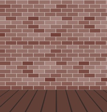 Kahverengi tuğla duvarı ve ahşap zemini olan boş bir oda. Vektör grunge arkaplanı.