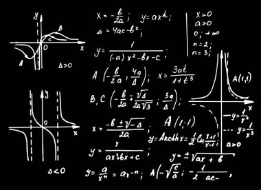 Klasik eğitim ve bilimsel geçmiş. Matematik hukuku teorisi ve matematik formülü, denklem ve şema tahtada. Vektör el çizimi illüstrasyon.