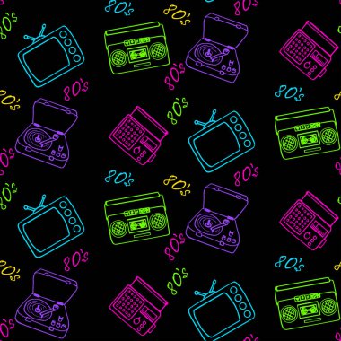  80 'lerin klasik elektronik cihazları. Siyahta vektör karalama deseni var. Renkli duvar kağıdı.