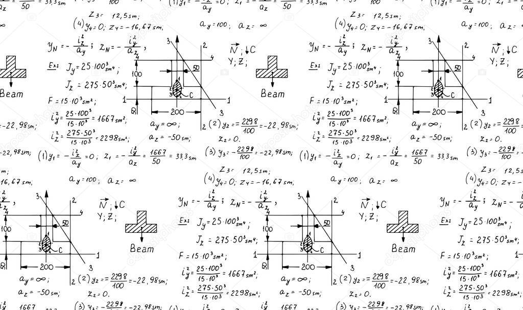 Physics seamless pattern with the equations, figures, schemes, formulas and other calculations on whiteboard. Retro scientific handwritten vector Illustration.