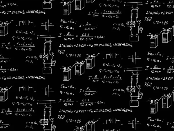 バッテリーだ 電気法理論と物理学の公式方程式 ブラックボード上の物理式 技術的 科学的背景 ベクトル手描きヴィンテージシームレスパターン — ストックベクタ