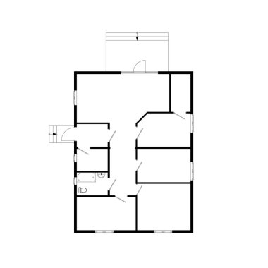 Beyaz arka planda izole edilmiş modern mobilyasız bir dairenin siyah kat planı. Tasarımınız için banliyö planlı bir ev. İlginç bir mimari proje..