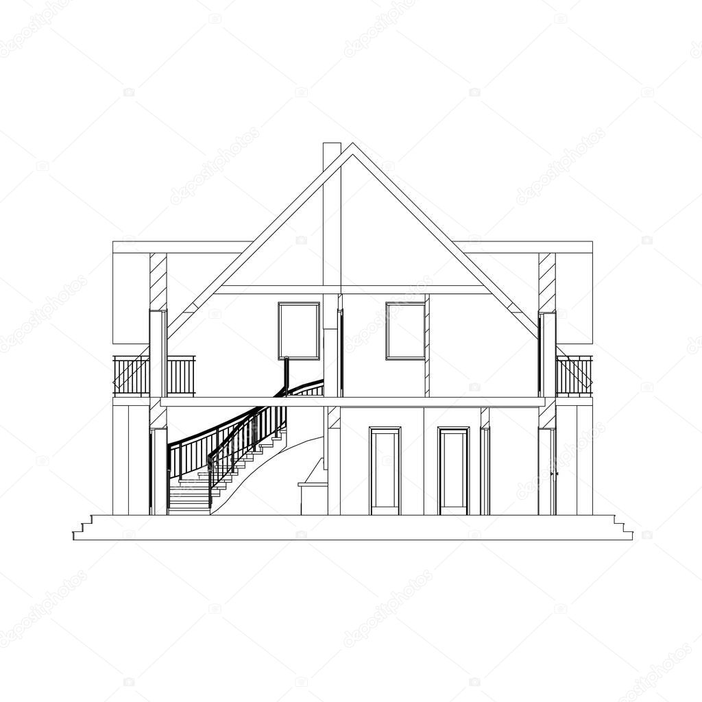 Architectural black and white background. Cross-section suburban house. Modern vector blueprint. Cad model.