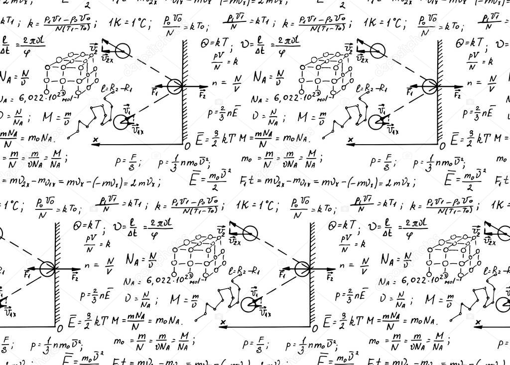 Physics seamless pattern with the equations, figures, outlines, formulas and other calculations on whiteboard. Retro scientific and education handwritten vector Illustration.