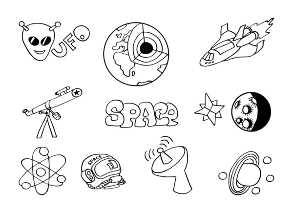 Handgetekende Doodles Cartoon Set Van Ruimte Objecten Pictogrammen Symbolen Geïsoleerd — Stockvector