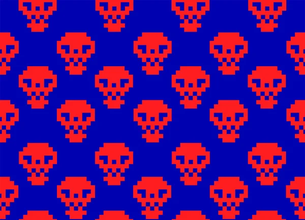 死の青い画面上の赤いピクセルの頭蓋骨 レトロなピクセルアートのシームレスなパターン 古いビデオゲームのアイコンセット — ストックベクタ