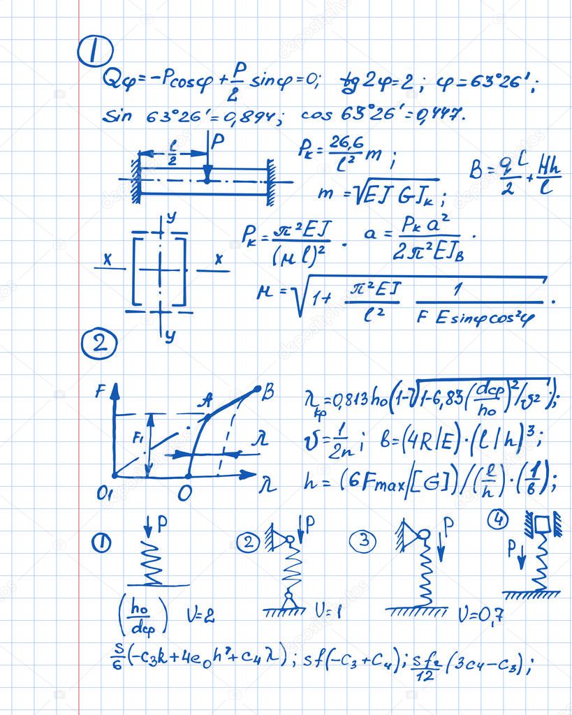 Vector background with physics formulas and equations on notebook page. School notation.