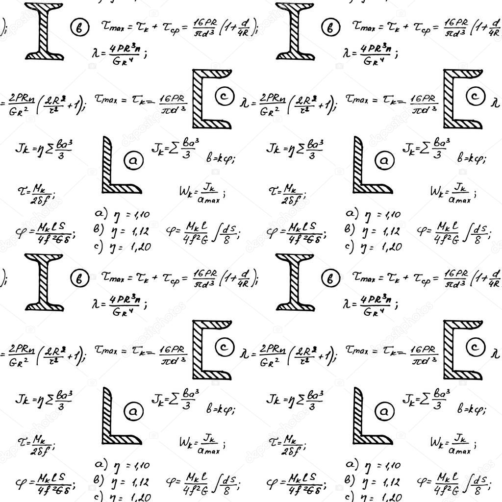 Physical seamless pattern with the equations, figures, schemes, plots and other calculations. Handwritten vector Illustration.