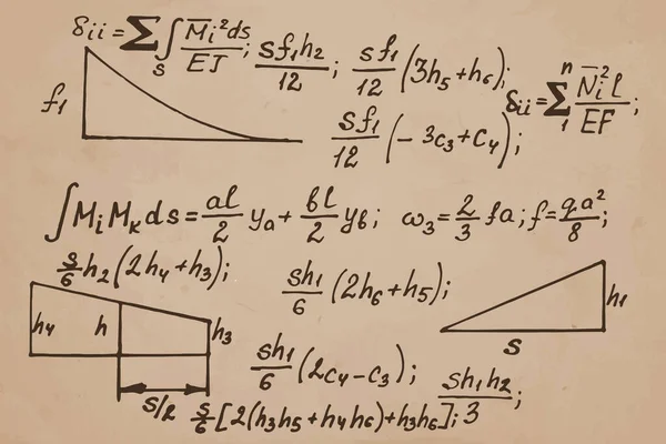 古旧教育背景 牛皮纸上的三角定律理论和数学公式方程 矢量手绘图解 — 图库矢量图片