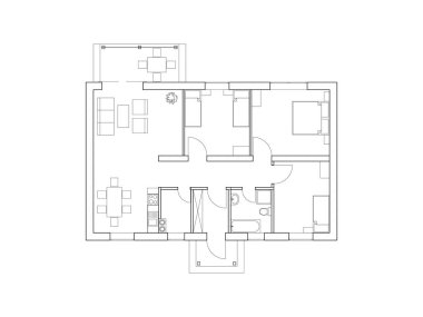 Evin içi. Modern bir dairenin siyah ve beyaz kat planı. Vektör taslağı. Mimari arka plan.