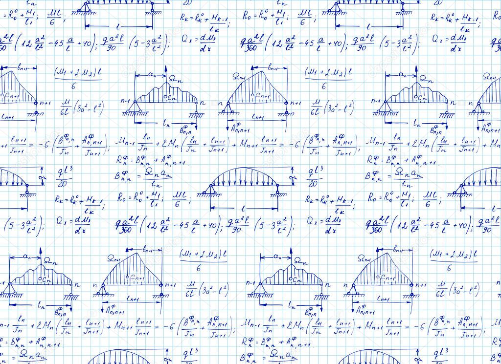 Physics seamless pattern with the equations, outlines, schemes, formulas and other calculations on notebook page. Vintage scientific and education  handwritten vector Illustration.