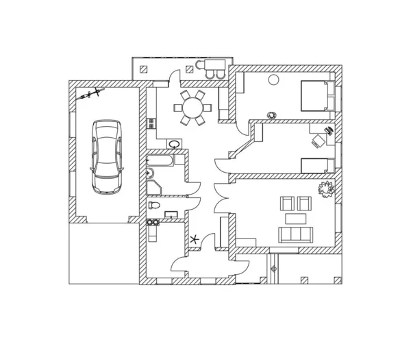 郊区住宅的设计 现代公寓的黑白平面图 详细的建筑矢量蓝图 — 图库矢量图片