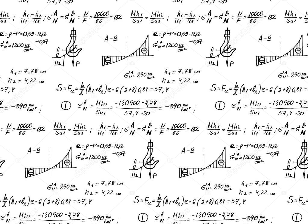 Structural mechanics diagrams. Physics mathematical formula equation, doodle handwriting icon in whiteboard with hand drawn model, create by vector. Retro seamless pattern.