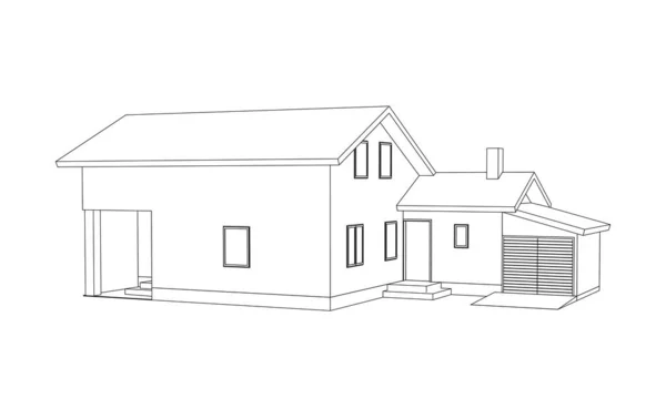 Модель Пригородного Дома Рисование Современного Здания Коттедж Проект Белом Фоне — стоковый вектор
