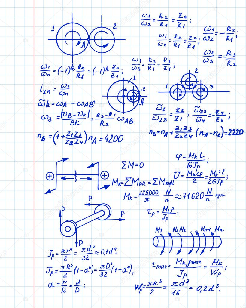Rotation. Vector background with physics formulas, outlines and equations on notebook page. College  notation. Educational and scientific vintage background.