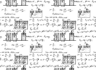 Hidrolikler. Sıvı hukuk teorisi ve matematiksel formül. Fizik denklemi, elle çizilmiş model ve vektörlü beyaz tahta arka planda karalama el yazısı simgesi. Vintage dikişsiz desen.
