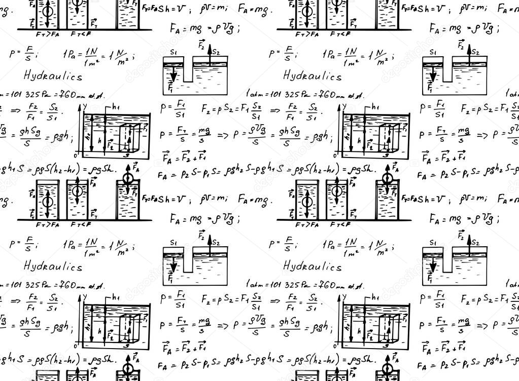 Hydraulics. Fluid law theory and  mathematical formula.  Physics   equation, doodle handwriting icon in whiteboard background with hand drawn model, vector. Vintage seamless pattern.