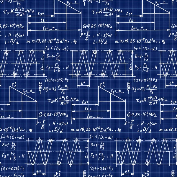 春天的建筑 物理背景与方程 图纸和其他计算的蓝图 手写体矢量无缝模式 — 图库矢量图片