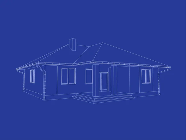 Construire Perspective Dessin Maison Banlieue Décrit Chalet Sur Fond Bleu — Image vectorielle