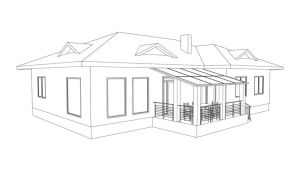 Building Perspective Drawing Suburban House Outlines Cottage White Background House — Stock Vector