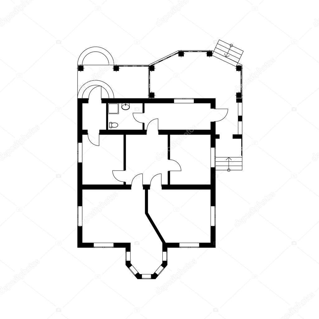 Black and White floor plan of a modern unfurnished apartment for your design. Vector blueprint suburban house. Best architectural  background.