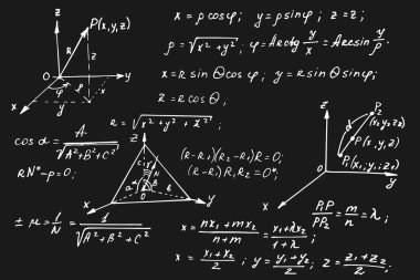 Klasik eğitim ve bilimsel geçmiş. Geometri hukuku teorisi ve matematiksel formül denklemi tahtada. Vektör el çizimi illüstrasyon.