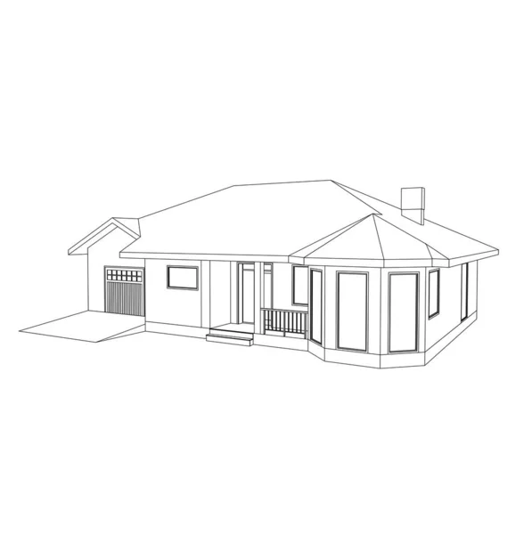 Building perspective 3D. Drawing of the suburban house. Outlines cottage on white background. House 3D model perspective vector. Cottage blueprint. EPS 10.