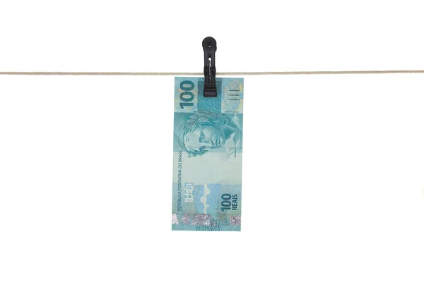 Brasilianische 100 Real Banknote Einer Wäscheleine Geldwäsche Konzept Des Schmutzigen — Stockfoto
