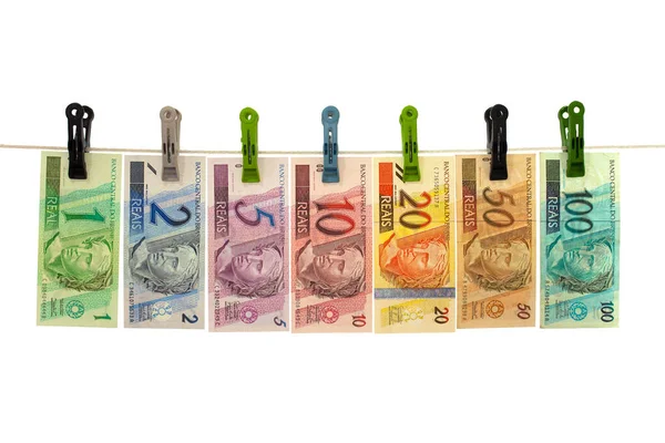 Brasilianische Real Banknoten Einer Wäscheleine Geldwäsche Konzept Des Schmutzigen Geldes — Stockfoto