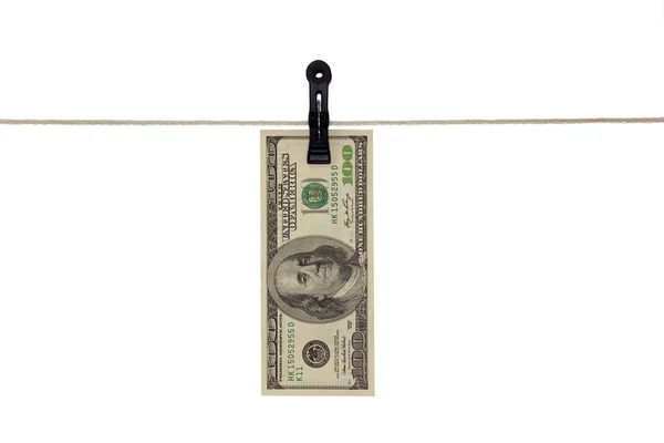 Αμερικανικό Χαρτονόμισμα Των 100 Δολαρίων Μια Γραμμή Ρούχων Ξέπλυμα Χρήματος — Φωτογραφία Αρχείου