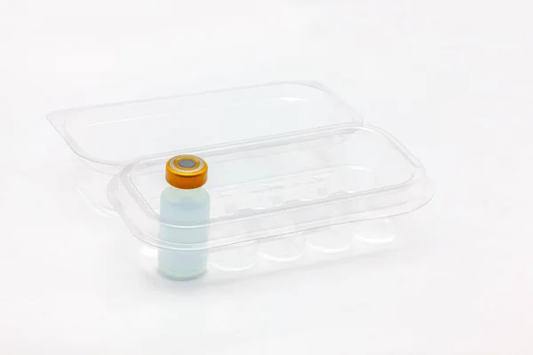 Frasco Vacuna Plástico Dentro Una Caja Plástico Translúcido Abierto Para — Foto de Stock