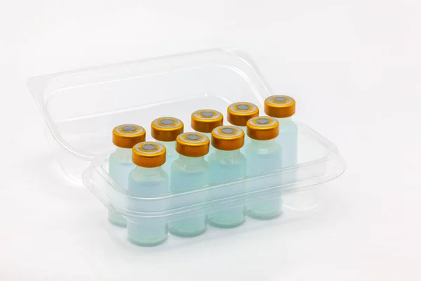 Nueve Frascos Vacuna Dentro Caja Plástico Translúcido Abierto — Foto de Stock