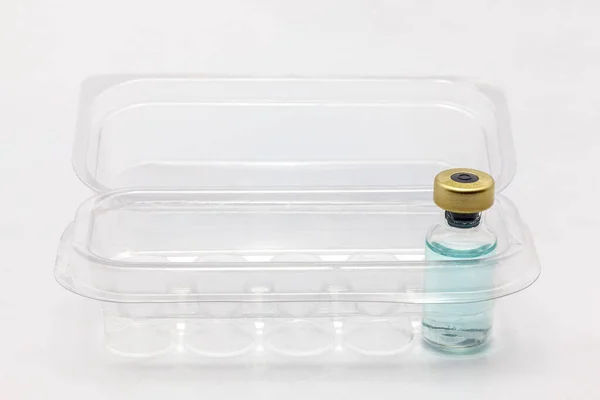 Egy Üveg Vakcina Palack Oltóanyag Palack Átlátszó Műanyag Dobozában — Stock Fotó