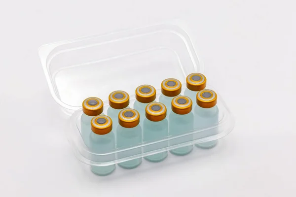 Diez Frascos Vacuna Dentro Caja Plástico Translúcido Abierto — Foto de Stock