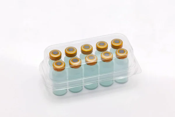 Diez Frascos Vacuna Dentro Una Caja Plástica Translúcida Cerrada — Foto de Stock